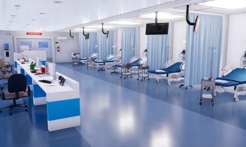 Interior of emergency room in modern clinic with row of empty hospital beds, nurses station and various medical equipment. 3D illustration on health care theme from my own 3D rendering file. Interior of emergency room in modern clinic with row of empty hospital beds, nurses station and various medical equipment. 3D illustration on health care theme from my own 3D rendering file.