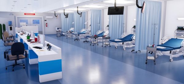 Interior of emergency room in modern clinic with row of empty hospital beds, nurses station and various medical equipment. 3D illustration on health care theme from my own 3D rendering file.