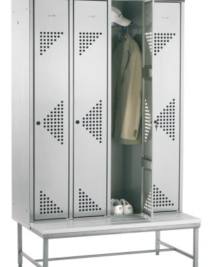 Schrägdach-Schrankgehäuse aus Edelstahl mit Untergestell und Sitzbank | Case of sloping roof locker of stainless steel and with bench